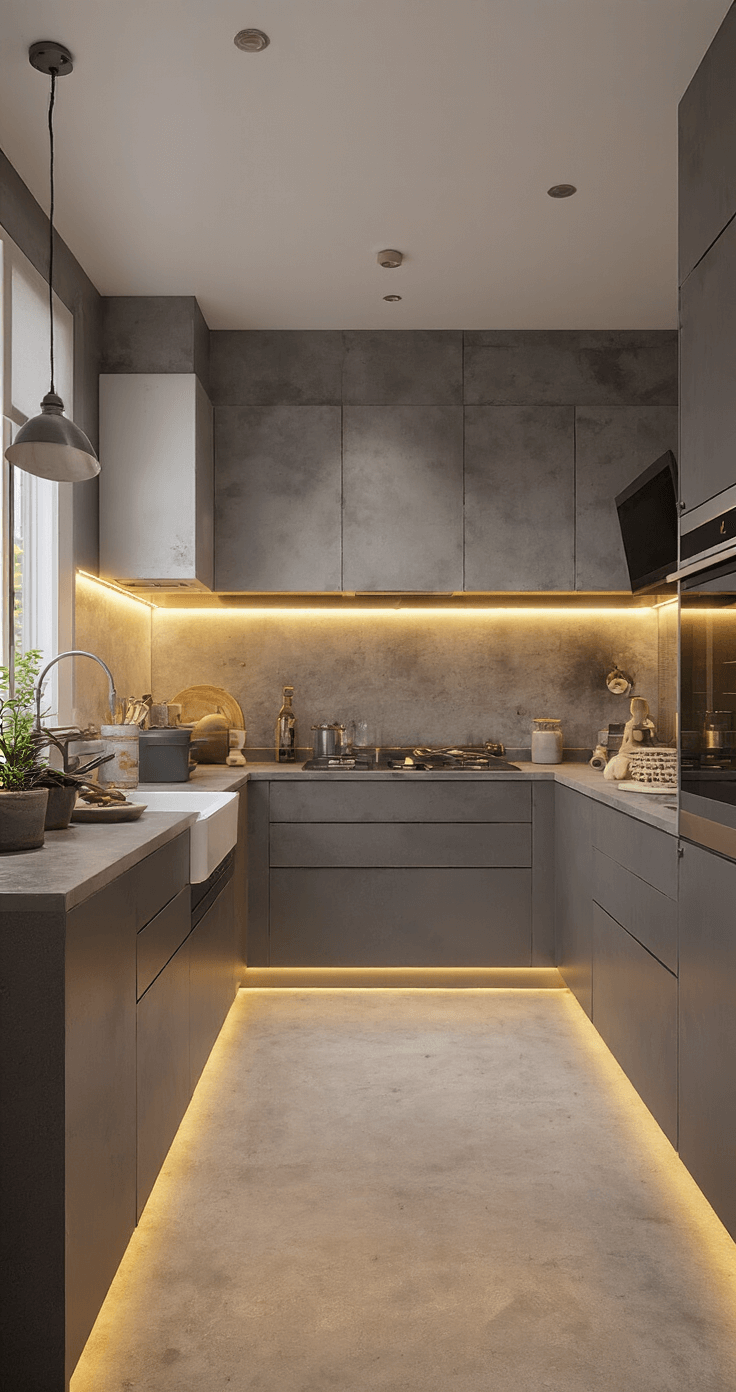 Moderne woonkeuken met concrete werkbladen, gezinslid aan het opruimen in de avond. Warme LED-verlichting onder de kasten en opgeruimde oppervlakken creëren een intieme sfeer. Camera volgt beweging op heupniveau.