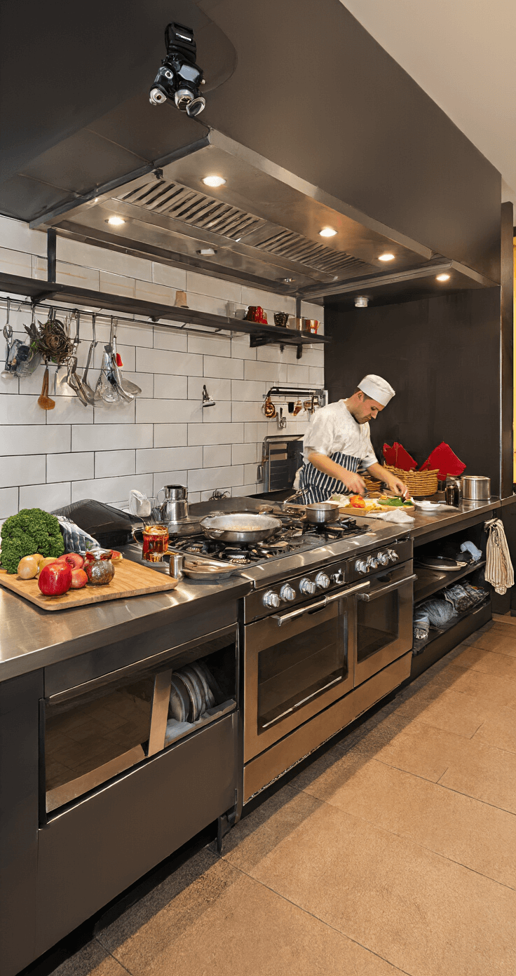 Levende keuken tijdens kookmoment met chef aan RVS werkblad en efficiënte werkdriehoek, ingebouwde afvalbakken en moderne vaatwasser, gefotografeerd op schouderhoogte met warme verlichting.