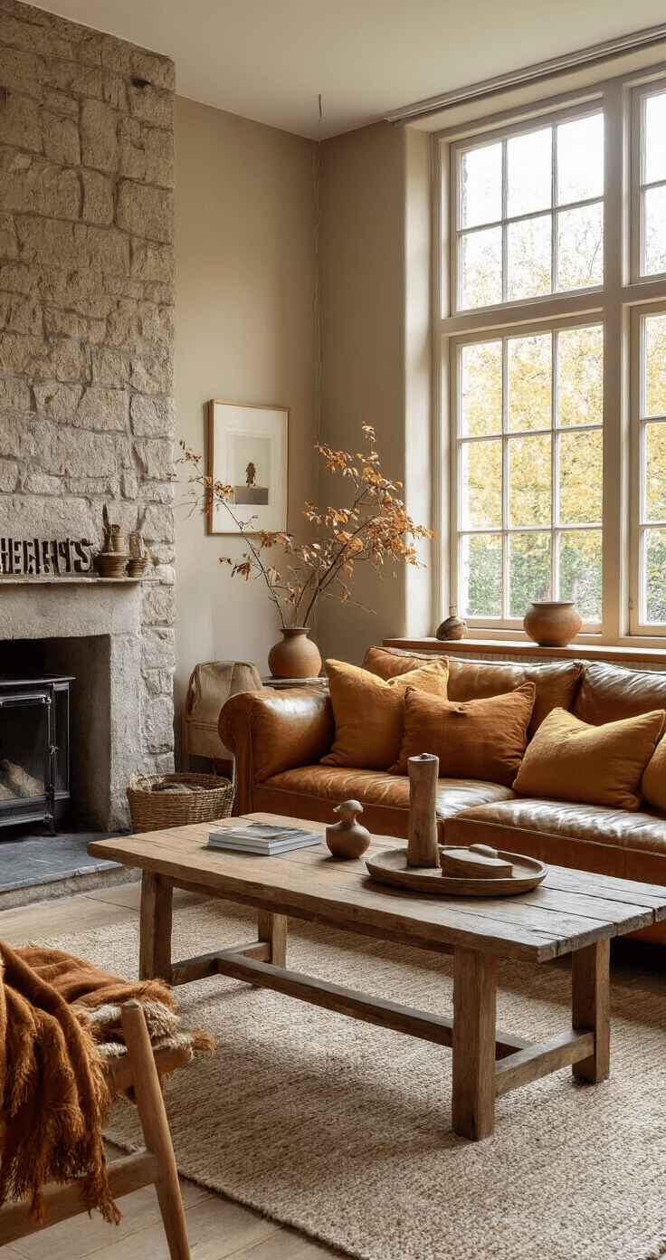 Ruime woonkamer met hoge ramen en warm middaglicht, cognackleurige leren bank met terra en mosterdgele kussens, eiken salontafel met kastanje-letter compositie 'HERFST', natuurstenen schouw versierd met vilten herfstslinger in aardetinten, gefotografeerd vanuit lage hoek met zachte belichting.