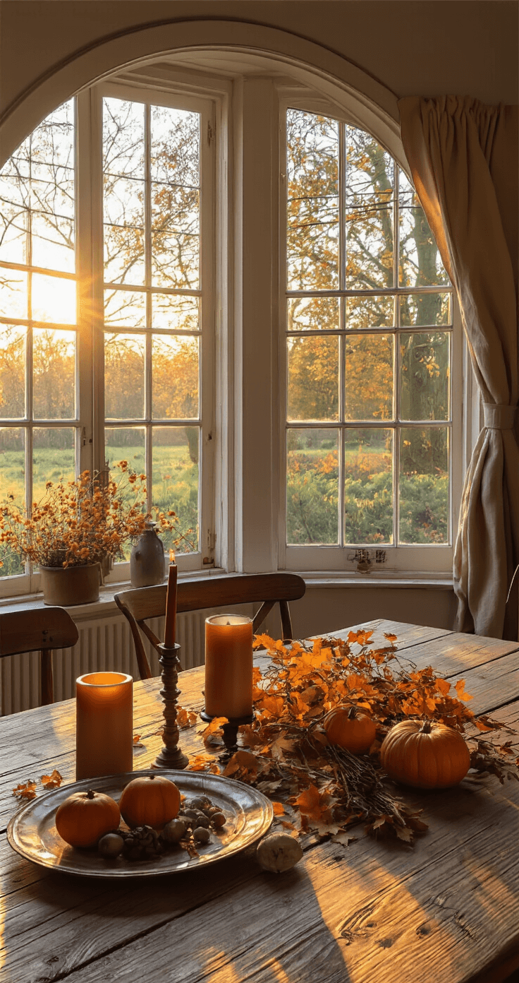 Intieme eetkamerhoek met een rustieke houten tafel en herfstdecoratie, gefotografeerd in warm tegenlicht.