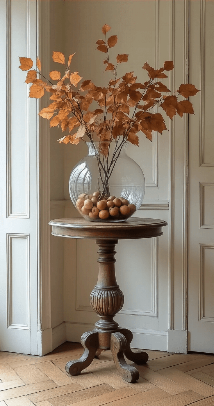 Een sfeervolle hal met authentieke paneeldeuren en visgraat parketvloer, waar een antieke sidetable onder een glazen stolp gevuld is met herfstschatten zoals kastanjes, dennenappels en esdoornbladeren. Indirect licht verlicht de ruimte.