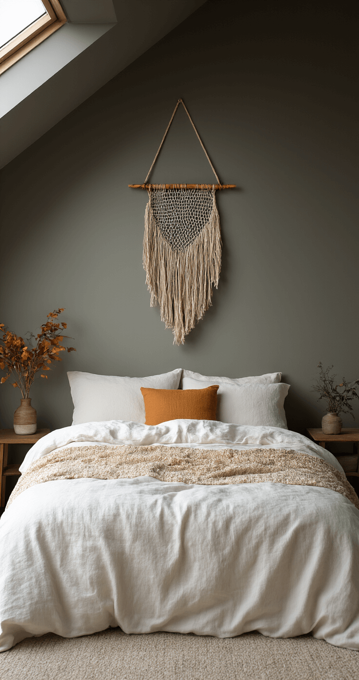 Knusse slaapkamer met schuine wanden, handgemaakte dromenvanger boven het bed, bedlinnen in roomwit met oker accenten, gefotografeerd tijdens de ochtendschemer met zachte diffuse belichting.
