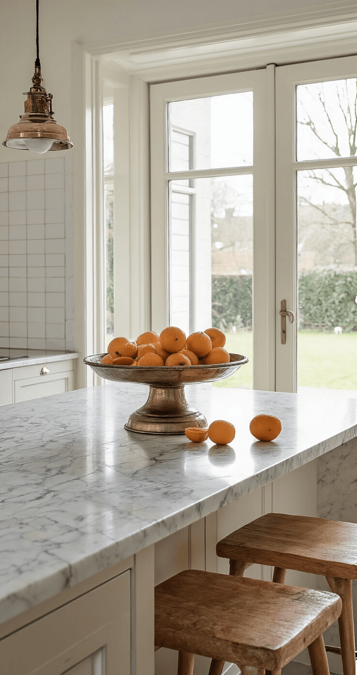 Moderne landelijke keuken met openslaande tuindeuren, een marmeren eiland met een vintage schaal gevuld met gedroogde sinaasappelschijfjes, kaneelstokjes en dennenappels, en koperen keukenaccessoires die warm licht reflecteren.