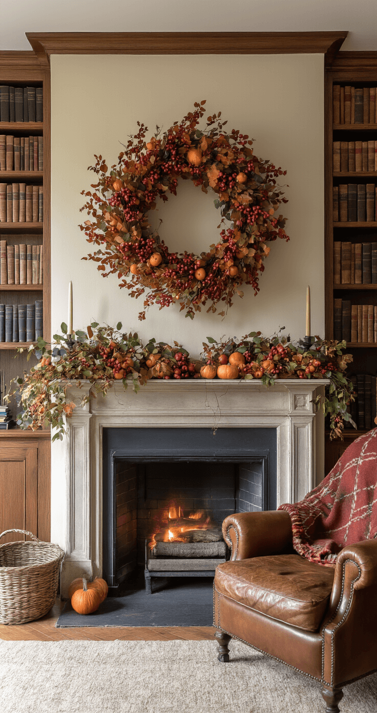 Authentieke schouw in de studeerkamer met ingebouwde boekenkasten en een herfstkrans met rode bessen, pompoenen en eucalyptus, naast een antieke lederen fauteuil met een roestkleurige plaid, gefotografeerd met dramatische zijbelichting.