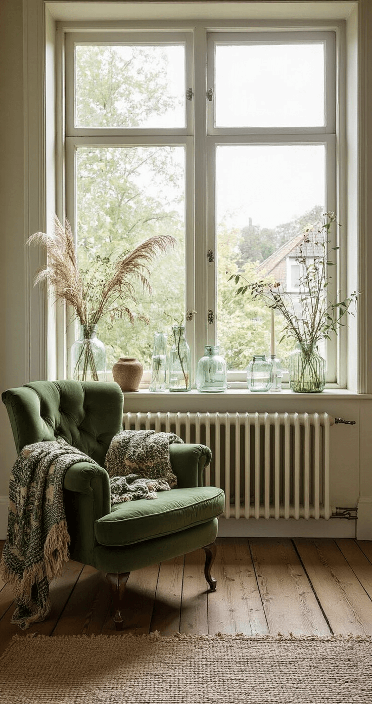 Serene zithoek met gietijzeren radiator en vintage fluwelen fauteuil in diep mosgroen, omringd door handgebreide plaids in aardtinten en glazen vazen met gedroogde grassen en lampionplanten, vastgelegd in natuurlijk licht vanuit een schuin bovenaanzicht.