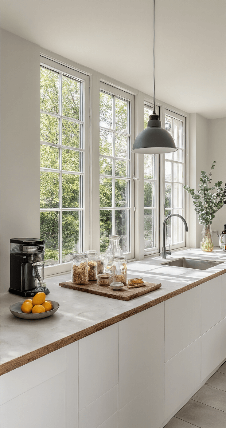 Een modern minimalistisch aanrecht in een lichte keuken, met natuurlijke belichting en zachte schaduwen, bevat een wit composiet werkblad, een rustiek houten dienblad met een koffiemachine en glazen voorraadpotten, en een marmeren fruitschaal met citroenen.