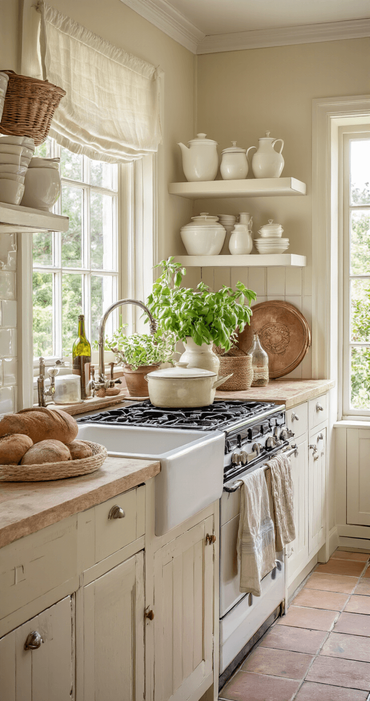 Gezellige landelijke keuken met crème-kleurig granieten aanrecht, vintage koperen dienblad, verse basilicum en handgevlochten broodmand, verlicht door middaglicht dat door linnen gordijnen filtert.