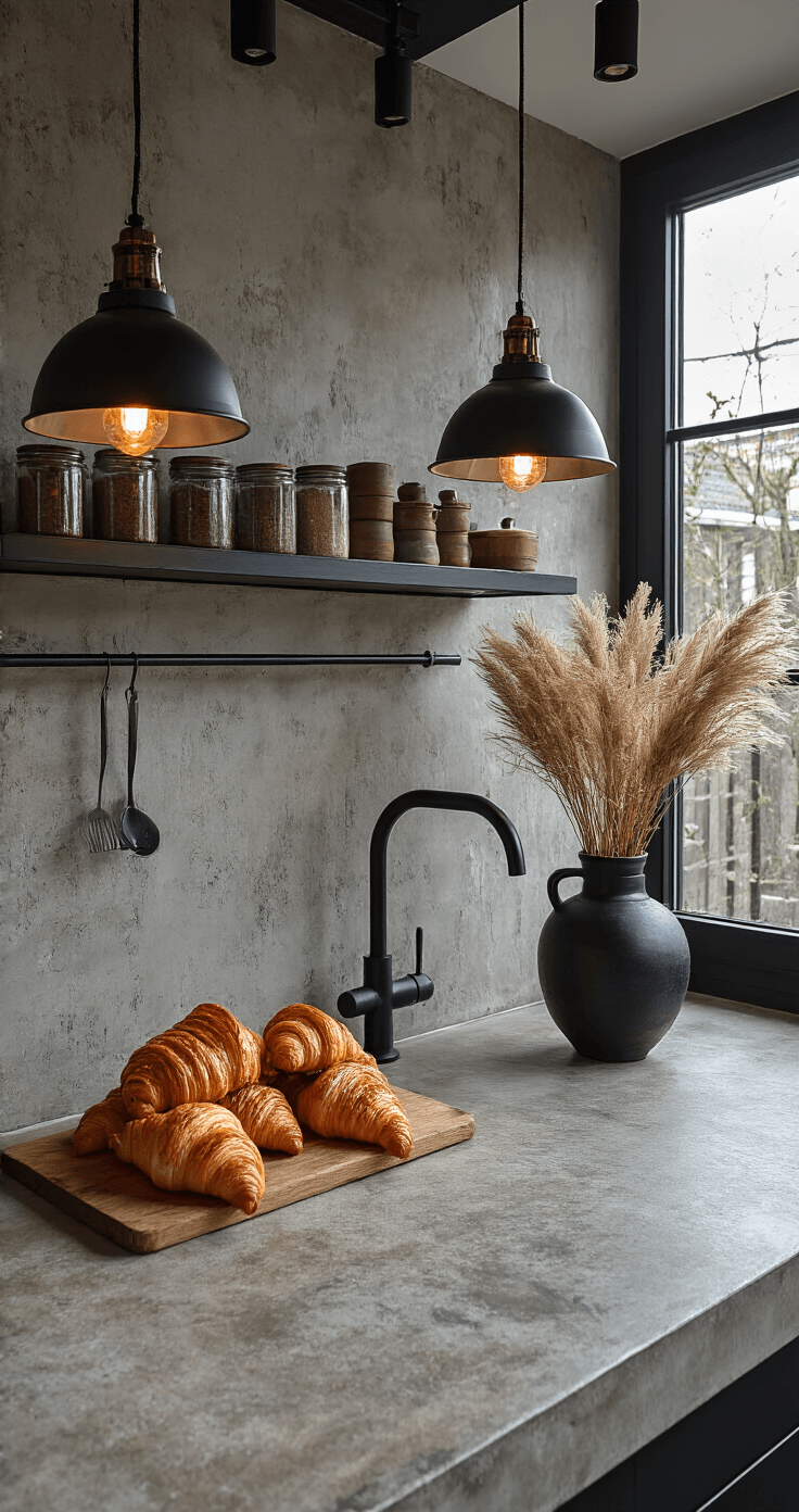 Industriële keuken met betonlook aanrecht, schemerlicht en gerichte spotverlichting. Zwart metalen kruidenrek met matzwart en koperen keukengereedschap. Glazen stolp met croissants op houten snijplank en hoge zwarte vaas met pampasgrassen, vastgelegd vanuit een licht verhoogd perspectief.