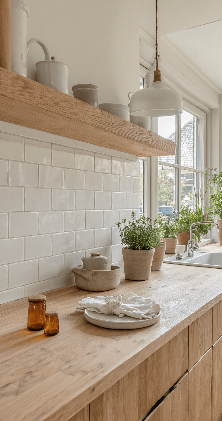 Rustige Scandinavische keuken met licht eikenhouten aanrecht, verlicht door de vroege ochtendzon. Centraal een wit keramisch dienblad met handgemaakte koffiemok, linnen servetten en een honingpot van amber glas. Kleine vetplantjes in betonnen potjes zorgen voor een natuurlijke uitstraling. Close-up met ondiepe scherptediepte benadrukt de zachte texturen en materialen.
