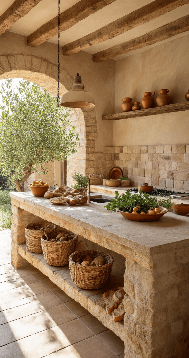 Authentieke mediterrane keuken met natuurstenen aanrecht, verlicht door de warme laatmiddagzon. Terracotta schalen met verse vijgen en granaatappels, en oude olijfolie blikken als kruidenpotjes. Een gevlochten mand met vers brood en takjes rozemarijn op een iets verlaagd perspectief met zachte achtergrondvervaging.