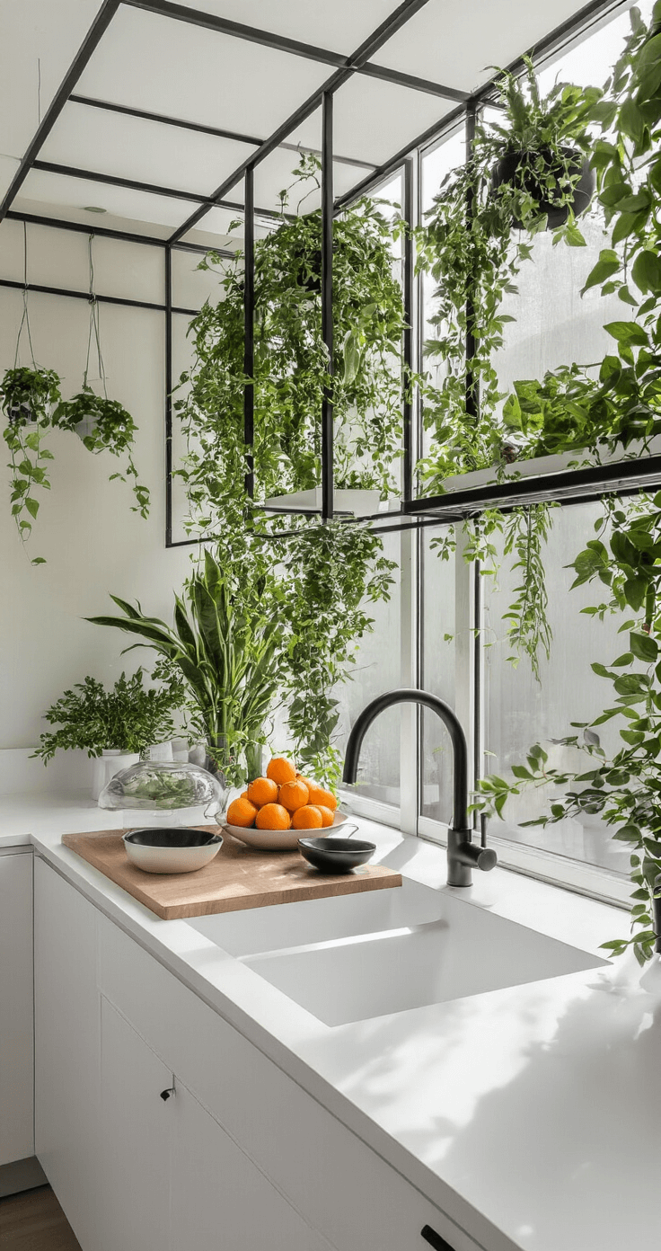 Moderne botanische keuken met wit Corian aanrecht, diffuse daglicht door vitrage, geometrisch metalen frame met hangende varens en luchtzuiverende planten, glazen dome met verse citrusvruchten, zwarte accessoires voor contrast, symmetrische compositie vanuit vogelperspectief, frisse en natuurlijke sfeer.