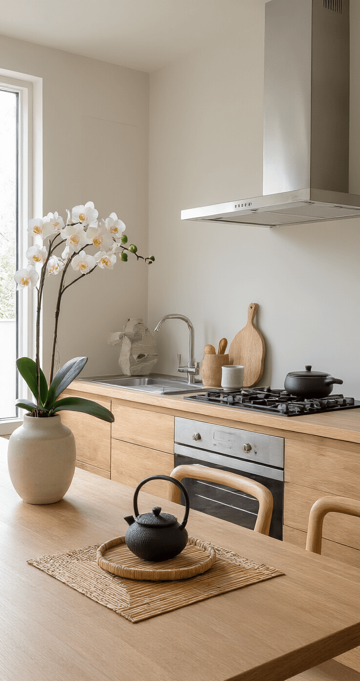 Japandi-stijl keuken van 3x5m met bamboe aanrecht, verlicht door gouden zonsondergang. Minimalistisch decor met zwart steengoed theepot en matcha kom op bamboemat, en een orchideetak in slank vaasje. Houten dienblad met strakke compositie, gefotografeerd vanuit laag perspectief met nadruk op horizontale lijnen. Sfeervol, zen en gebalanceerd.