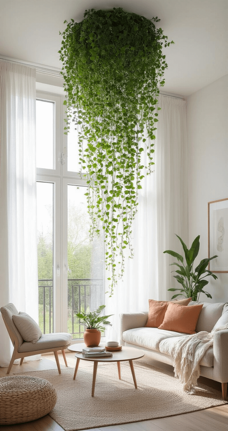 Moderne woonkamer met grote raampartij, gefilterd middaglicht door witte linnen gordijnen, Ceropegia woodii cascade aan het plafond in matte terracotta hangers, hartvormige blaadjes tegen een witte muur.