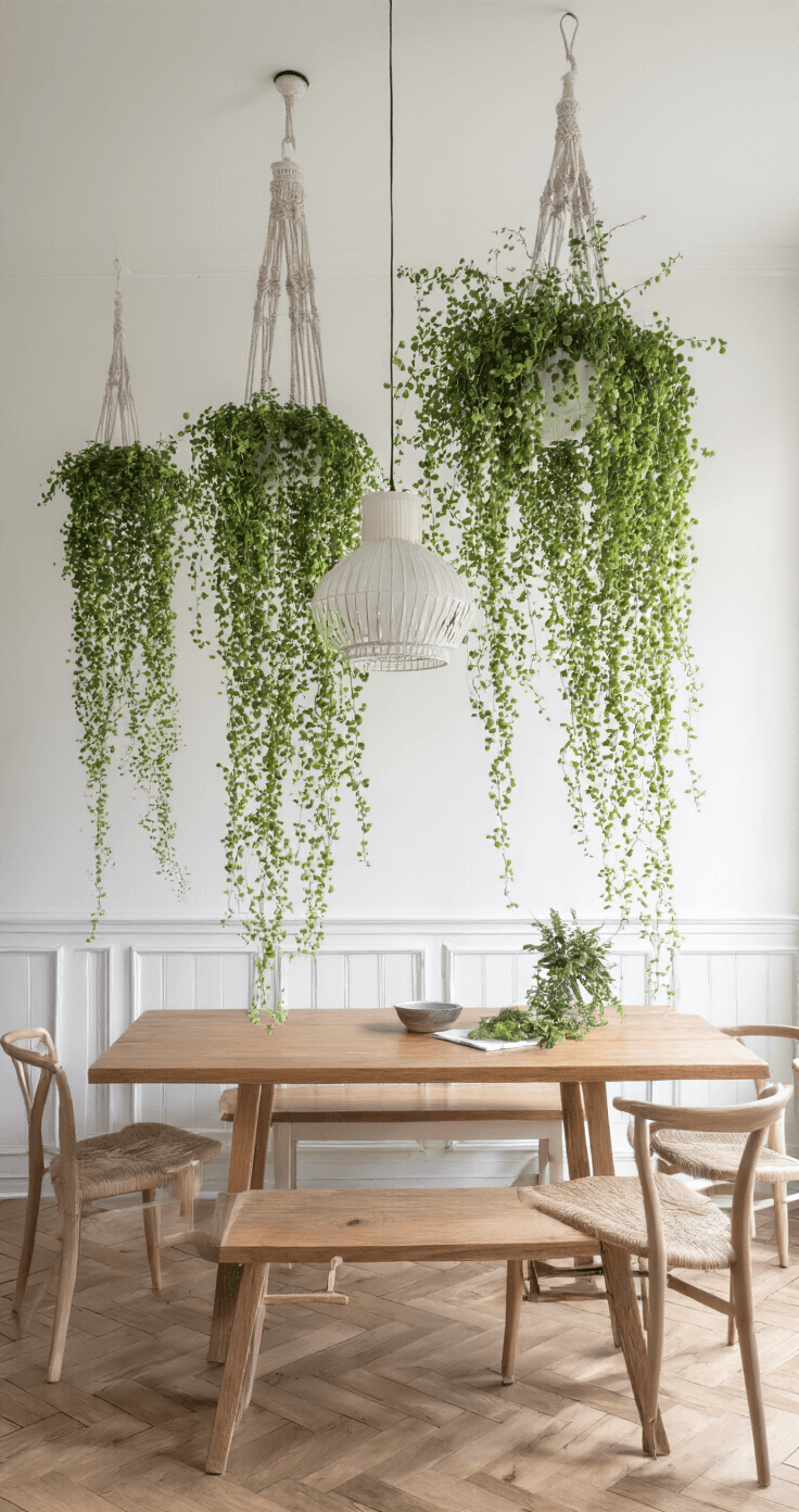 Scandinavische eetkamer met houten visgraatvloer, ochtendzon die een collectie Senecio rowleyanus boven een massief eiken eettafel verlicht, witte muren in contrast met groene cascades in macramé hangers, organische en warme sfeer.