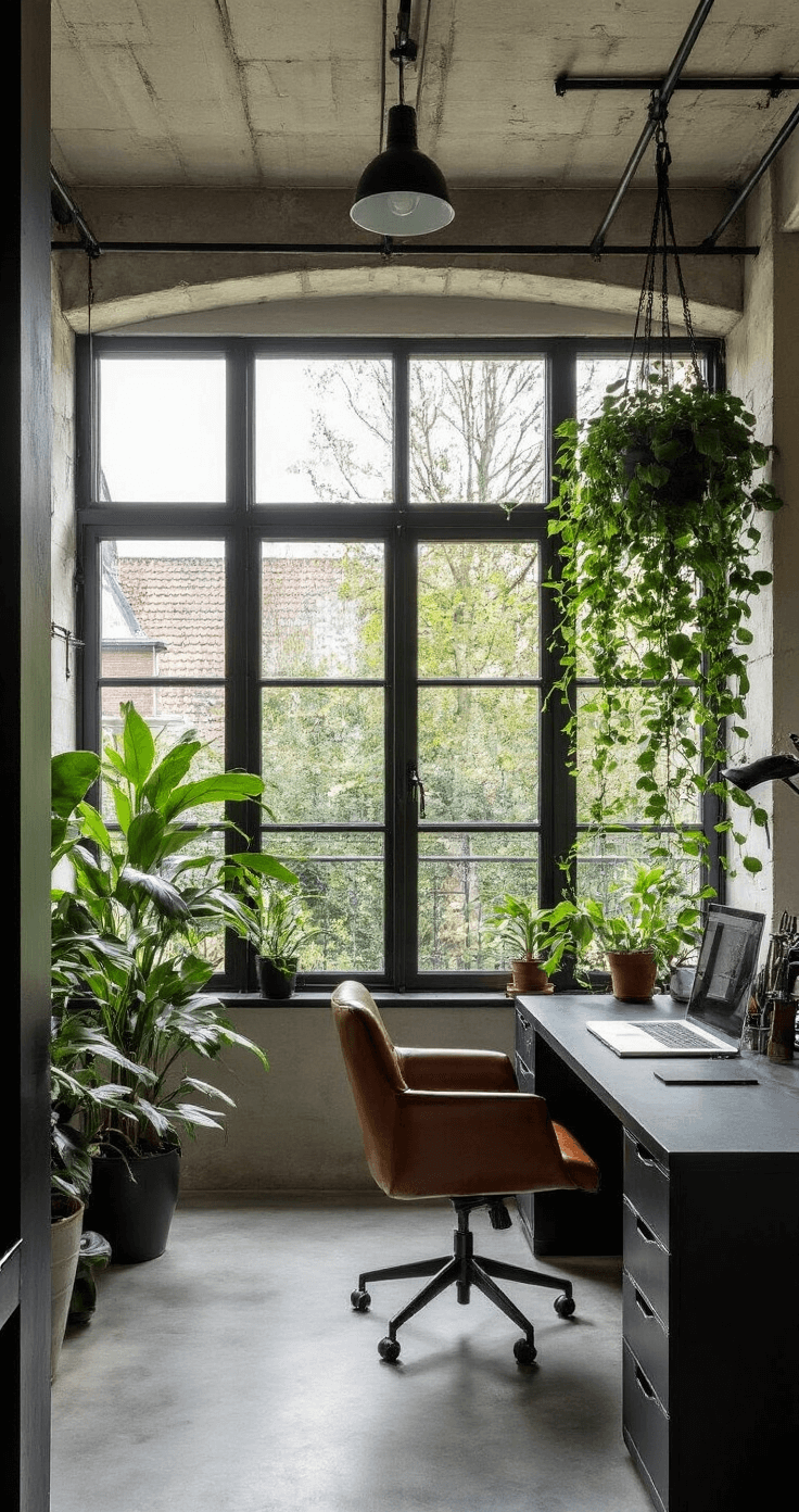 Moderne thuiskantoor met industriële elementen, grote metalen ramen, en een weelderige Philodendron scandens als natuurlijke room divider, zwart bureau en leren stoel, gefotografeerd vanuit de deuropening in diffuus middaglicht.