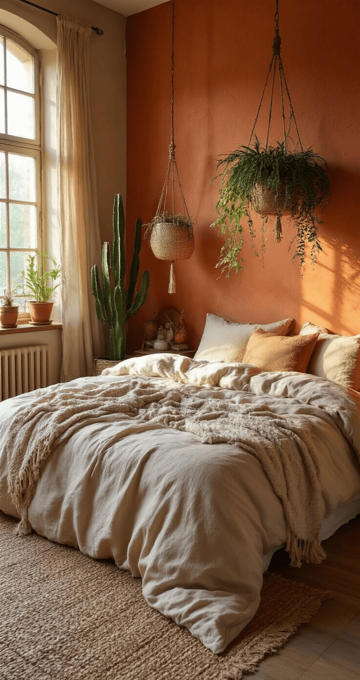 Bohemian slaapkamer met zaagcactus en Lipstickplant in vintage koperen hangers, groot bed met linnen beddengoed, warme terracotta muur, gefotografeerd vanuit bedhoofdeind in romantisch avondlicht.