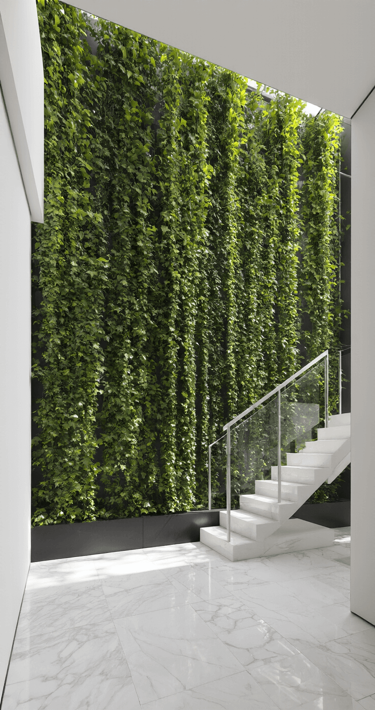 Minimalistische entreehal met hoog plafond, moderne trappenhal in wit en zwart, overdadige groene waterval van Hedera, ochtendlicht via dakraam, marmeren vloer reflecteert natuurlijk licht, dramatisch perspectief vanaf eerste verdieping.