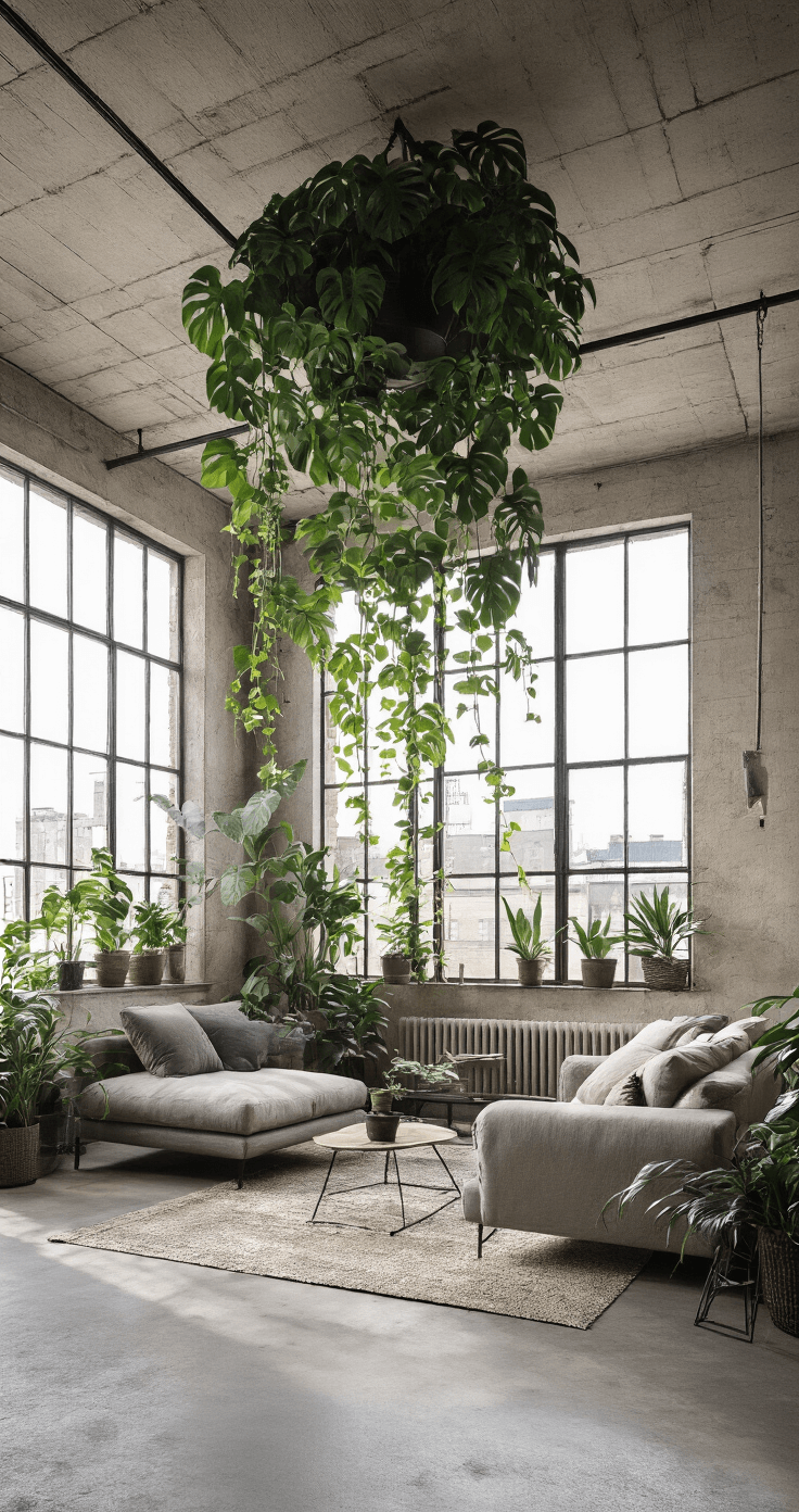 Industriële loft woonkamer met betonnen plafond en grote fabrieksramen, ingericht met een lounge gebied en hangende planten zoals Monstera Monkey Leaf en Tradescantia in zwarte metalen plantenhangers, verlicht door het namiddaglicht.