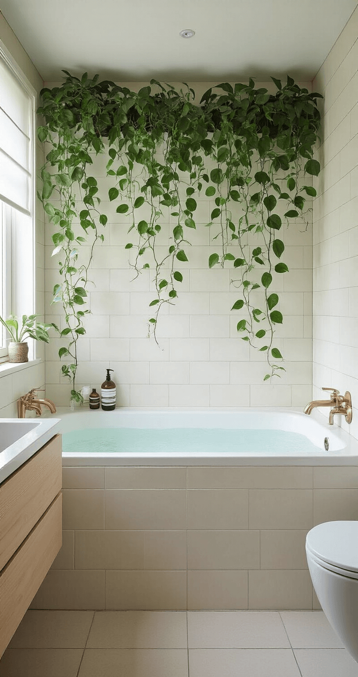 Botanische badkamer met vrijstaand bad, Scindapsus en Peperomia rotundifolia aan een wit betegelde muur, ochtendlicht door matglas, messing kranen en accessoires in een spa-achtige en luxueuze sfeer.