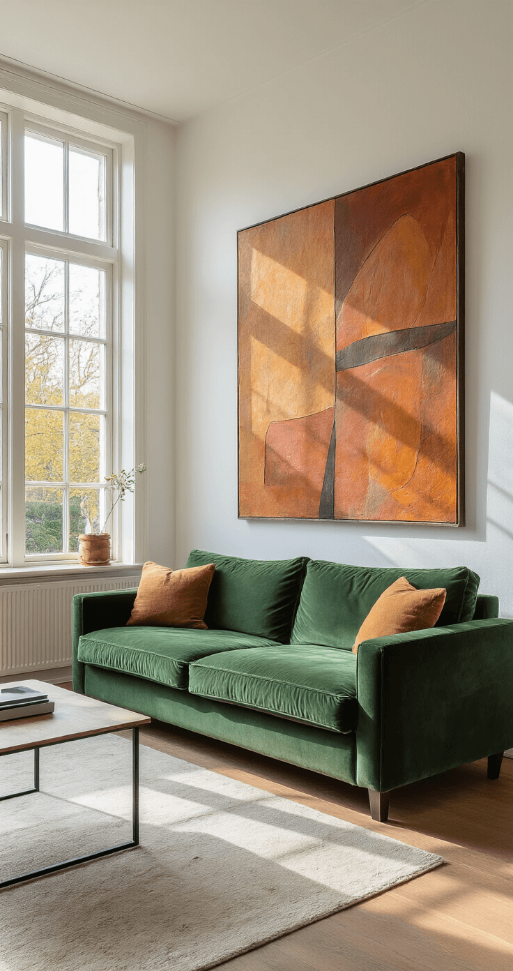 Een ruime woonkamer met grote ramen, een diepgroene velours bank en een monumentaal abstract kunstwerk in aardetinten, verlicht door zacht laat middaglicht dat schaduwen creëert.