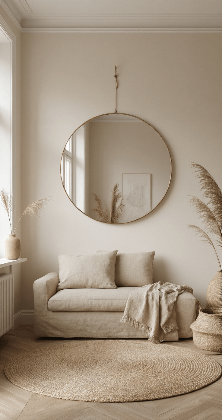 Een intieme stadswoonkamer met een beige linnen bank, een grote ronde messing spiegel die het daglicht weerkaatst en minimalistische accessoires in naturel tinten, vastgelegd in een zachte, dromerige ochtendlichtsfeer.