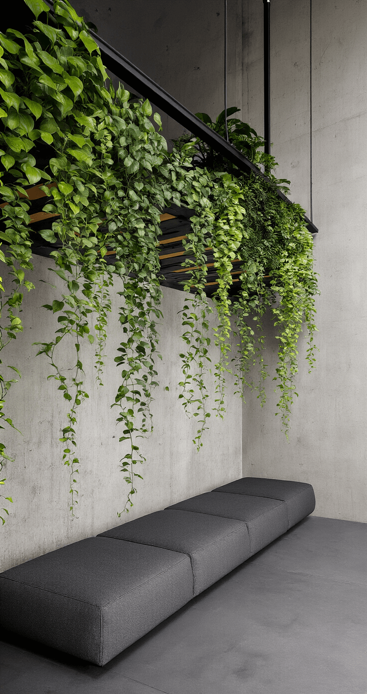 Moderne appartement met industriële details, grijze modulaire bank, zwarte plantenrail met hangplanten (Epipremnum, Philodendron) boven de bank, contrasterende groentinten met betonnen muur, lage camera-angle, dramatische plantval, zijdelings invallend licht met interessante bladschaduwen.