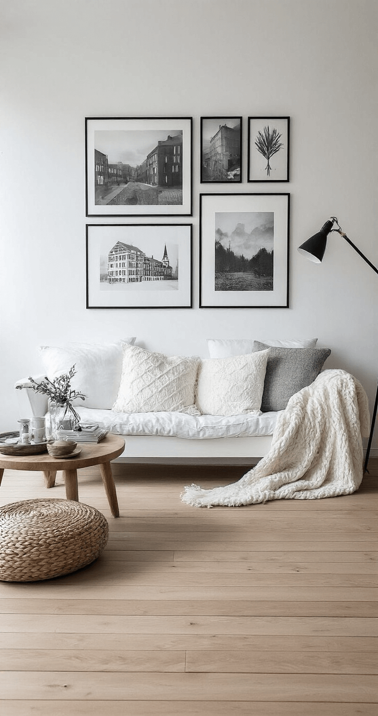 Scandinavisch geïnspireerde woonkamer met lichte houten vloer, witte bank en een samengestelde gallery wall met zwart-wit foto's en grafische prints, verlicht door diffuus noorderlicht.