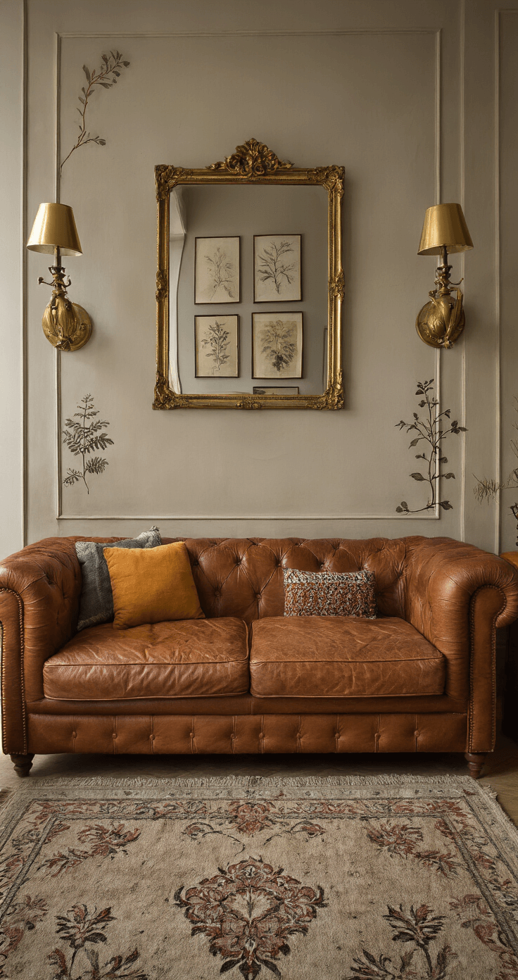 Eclectische woonruimte met vintage elementen, cognackleurige leren bank, groot spiegelpaneel, messing wandlampen, botanische prints, warme sfeerverlichting en gouden accenten, gefotografeerd vanuit een dynamisch 45 graden perspectief.