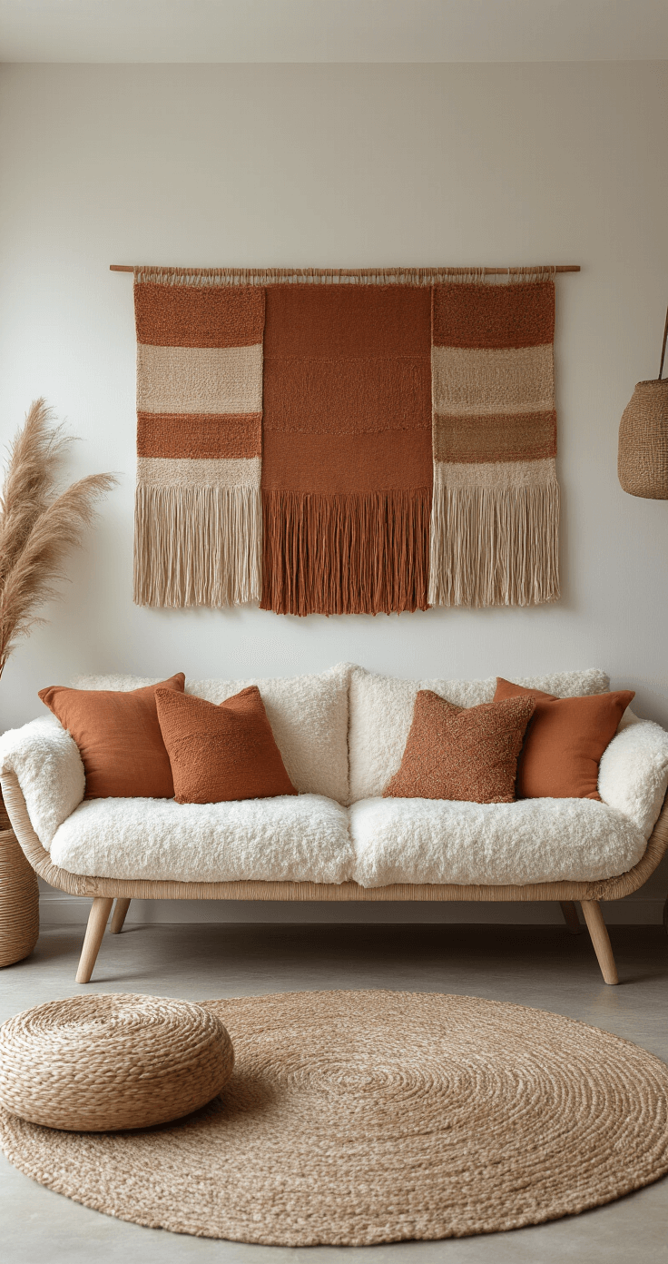 Bohemian woonkamer met crèmekleurige bouclé bank, handgeweven wandkleden in terracotta, roest en zandtinten, textuurrijke accessoires en natuurlijke materialen, sfeervolle avondverlichting en lage camera-instelling voor het benadrukken van texturen.