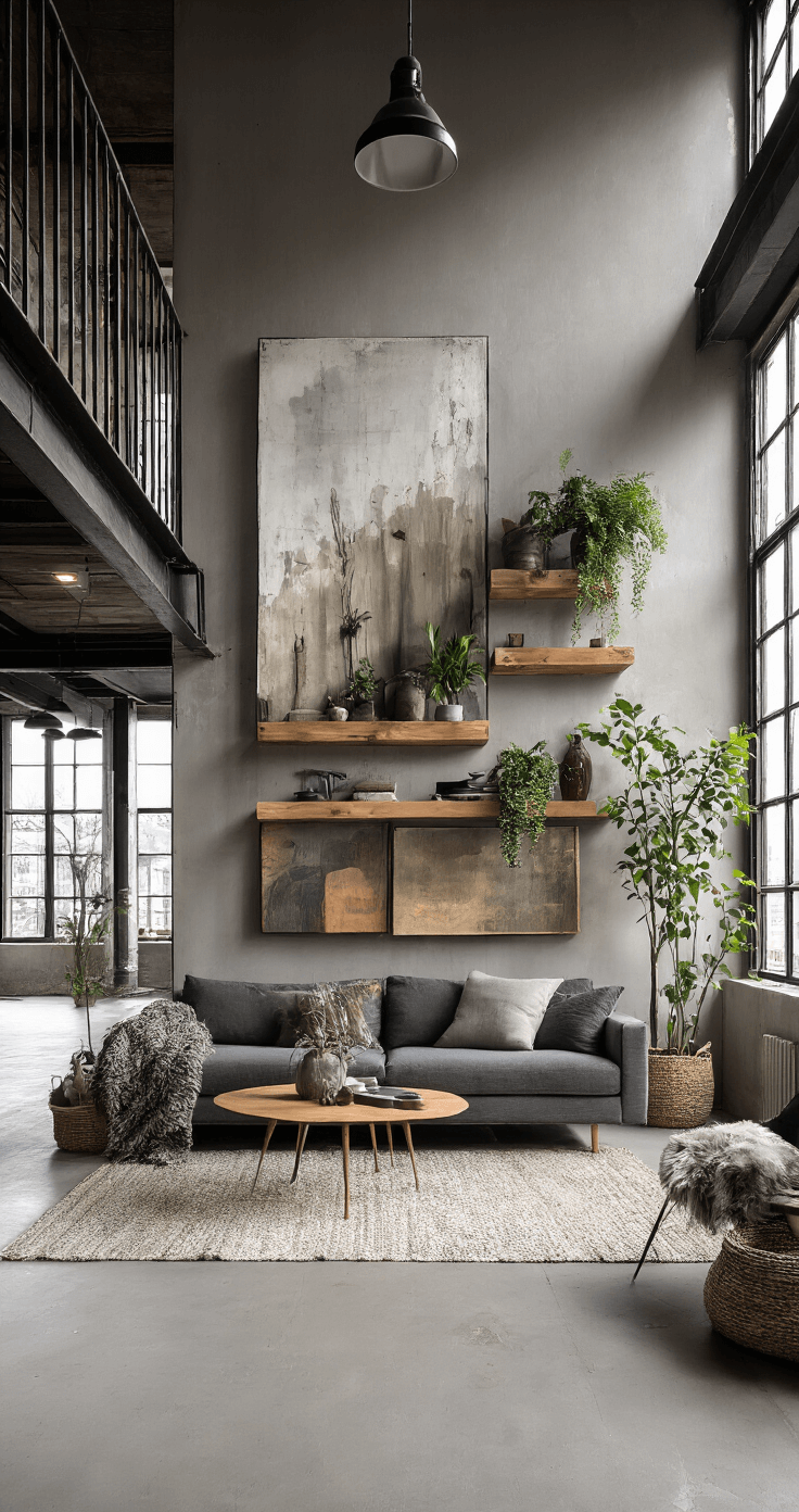 Moderne loft met hoog plafond, featuring een antracietgrijze bank en zwevende planken met kunst en planten boven de bank, industriële en zachte textielelementen, gefotografeerd vanuit kikvorsperspectief met dramatisch strijklicht van industriële ramen.