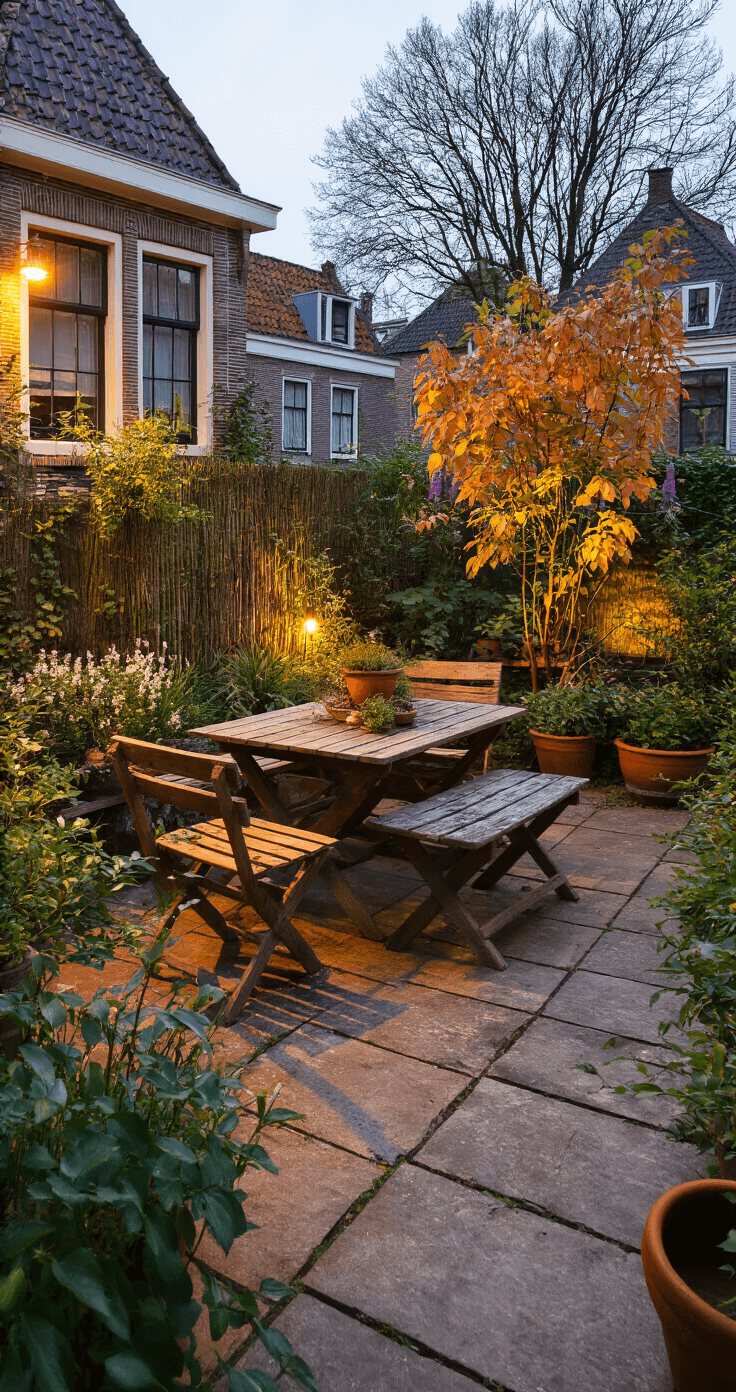 Rustieke stadstuin bij schemering met antieke plantentafel, diverse najaarspotplanten, warme LED-verlichting en verweerde terracotta potten, gefotografeerd vanuit laag perspectief met ondergang van de zon.