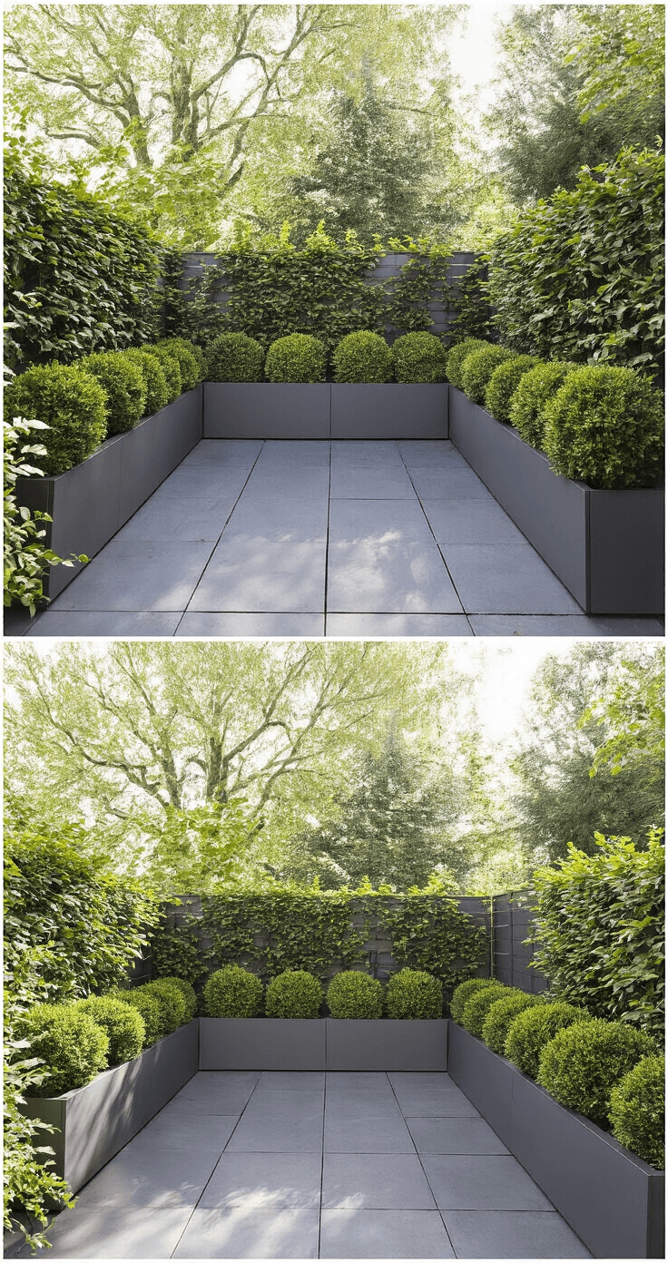 Moderne balkontuin met antracietgrijze plantenbakken met Skimmia en Leucothoe, in ochtendlicht met dauw.