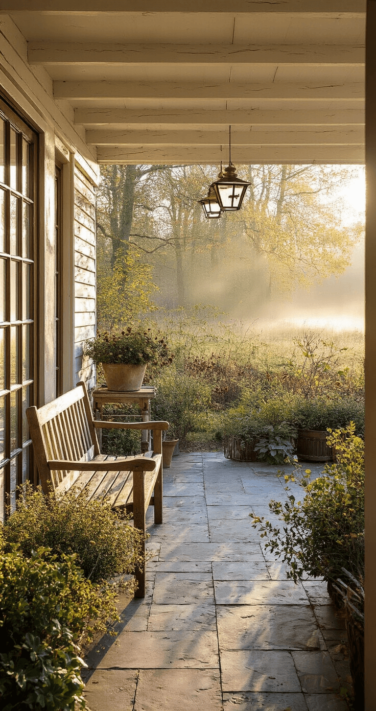 Landelijke veranda bij zonsopgang met vintage houten bankje, verhoogde plantenbedden met Calluna en Gaultheria, en jutedoeken als vorstbescherming.