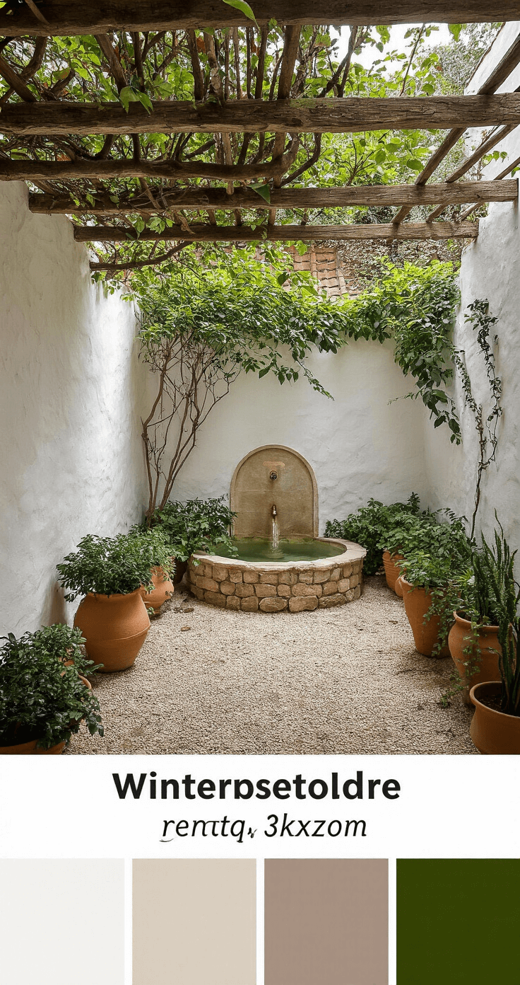 Mediterrane binnenplaats met witgekalkte muren en terracotta potten in niveaus, versierd met winterbloeiende heide en Leucothoe.