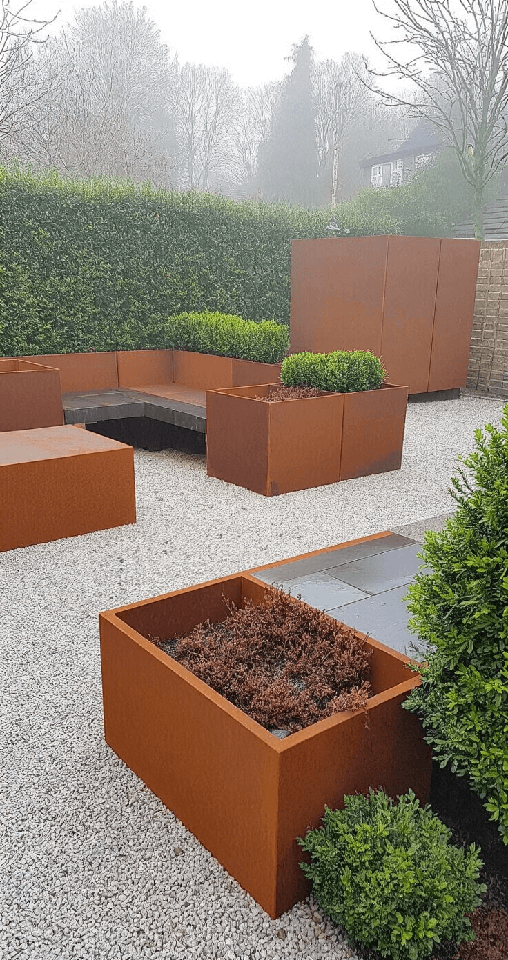 Moderne voortuin met cortenstalen plantenbakken in geometrisch patroon, wintergroene Skimmia en heide in blokvorm, LED-grondspots.