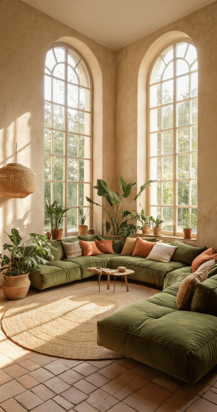 Een ruime woonkamer met olijfgroene velours hoekbank en terracotta kussens, verlicht door warm ochtendlicht, met een juten vloerkleed, vintage messing vloerlamp en diverse kamerplanten.