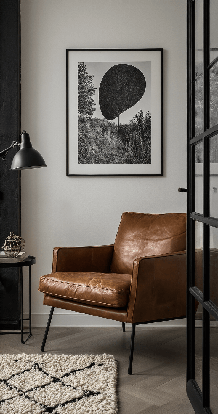 Intieme woonhoek in avondlicht met krijtwitte muren en zwarte stalen kozijnen, cognackleurige leren fauteuil naast zwart metalen bijzettafeltje, industriële wandlamp, zacht wollen berber tapijt en abstracte zwart-wit foto's.