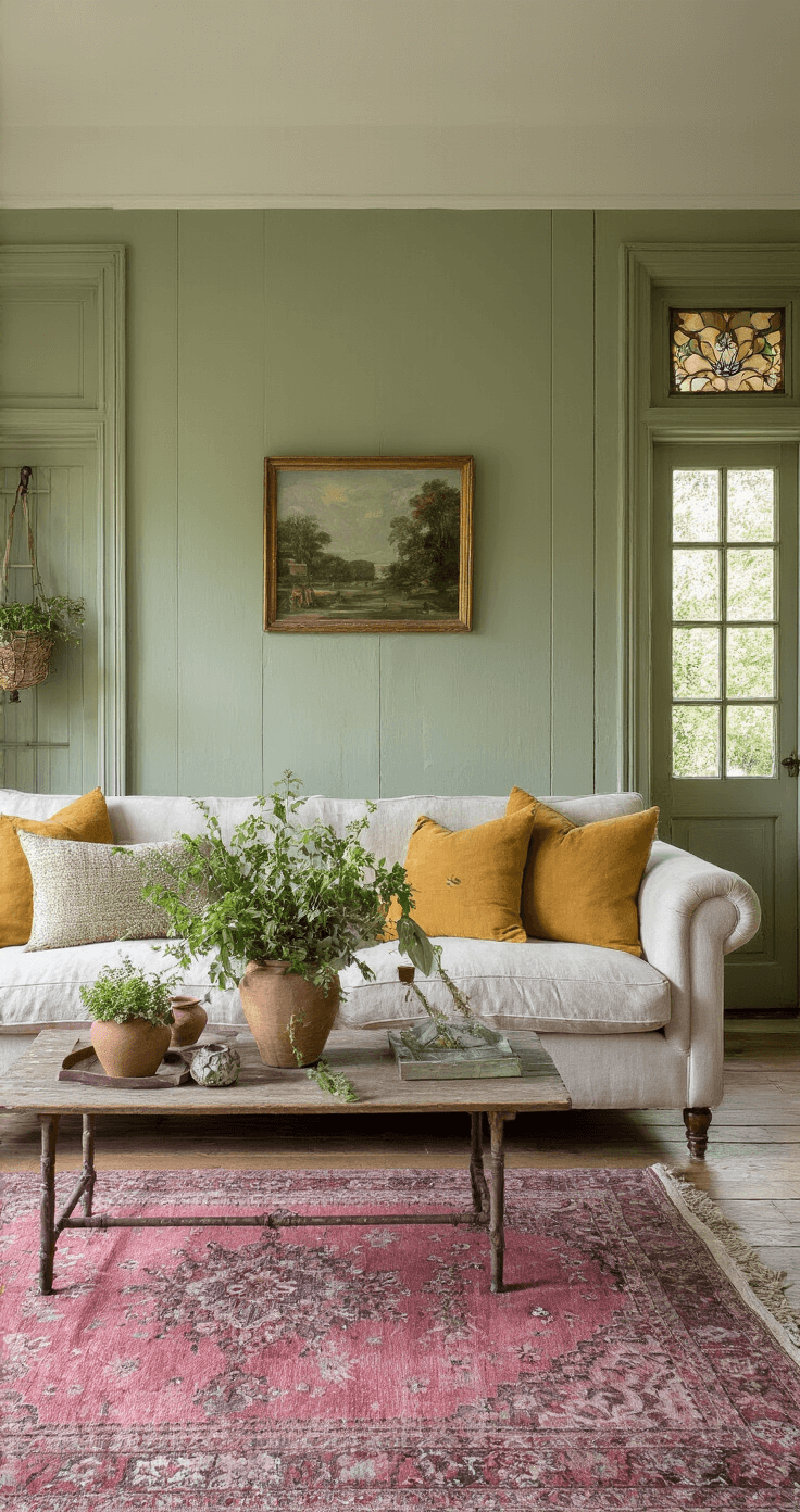 Zonnige woonkamer met authentieke details, originele en-suite deuren met glas-in-lood, sage groene muren en een linnen 3-zits bank in naturel met mosterdgele en poederroze kussens, antieke messing salontafel op een roze vintage perzisch tapijt, omringd door een weelderige plantencollectie in terracotta potten, gefotografeerd tijdens ochtendlicht.