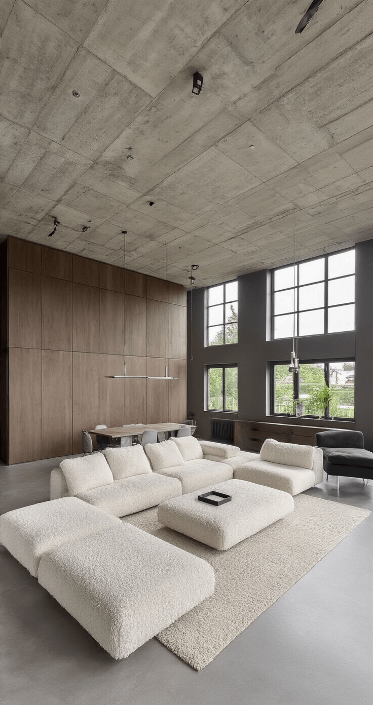 Moderne loft-stijl woonruimte met betonnen plafond, industriële verlichting, maatwerk wandkast in gerookt eiken, ruime bouclé loungebank, minimalistische marmeren salontafel en zwarte accenten, gefotografeerd vanuit een verhoogd standpunt voor een ruimtelijk effect.