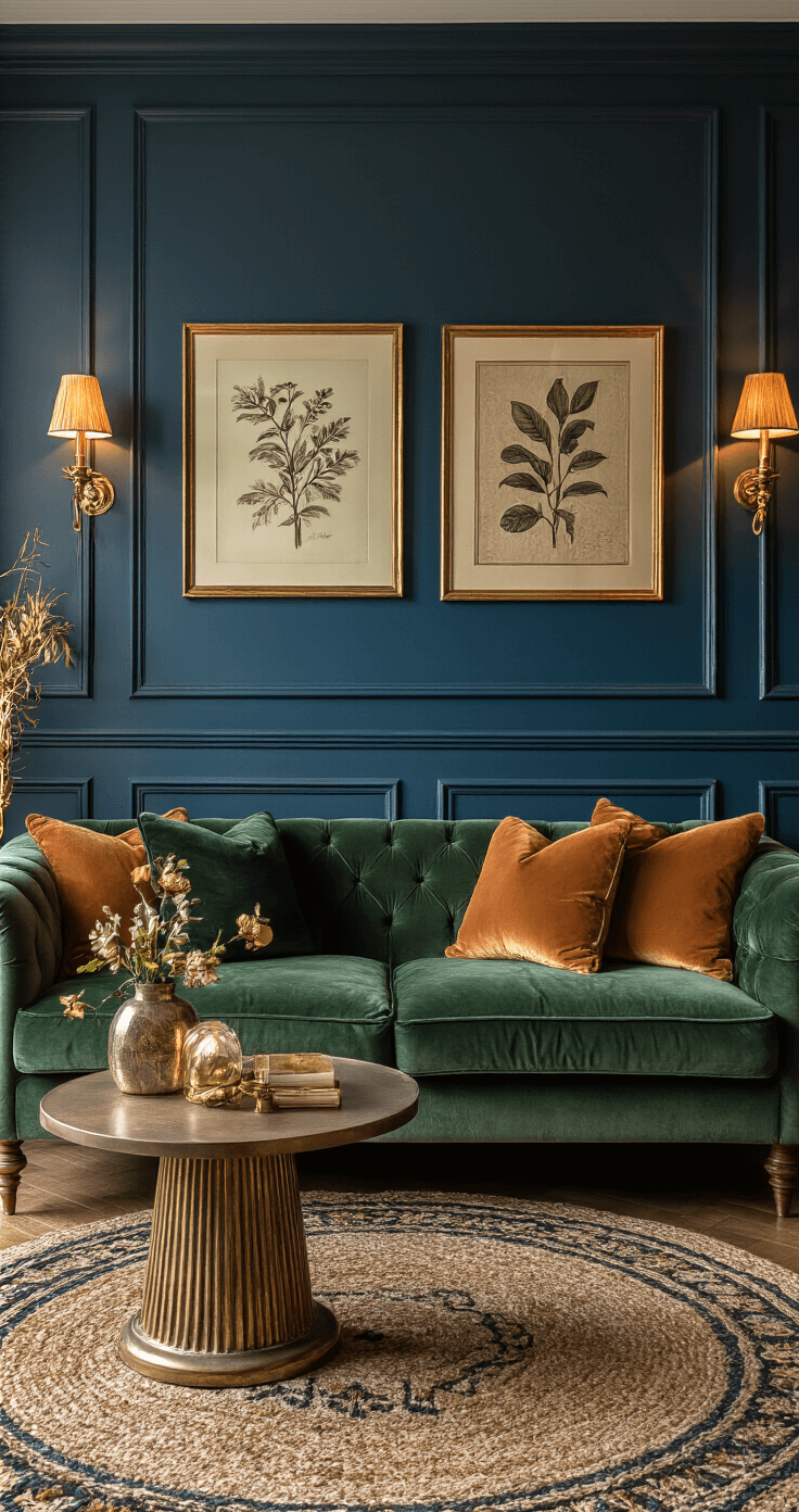 Een warme, intieme zithoek met een mosgroene fluwelen bank, vintage messing wandlampen en een art deco salontafeltje op een wollen tapijt, omringd door botanische prints in gouden lijsten.