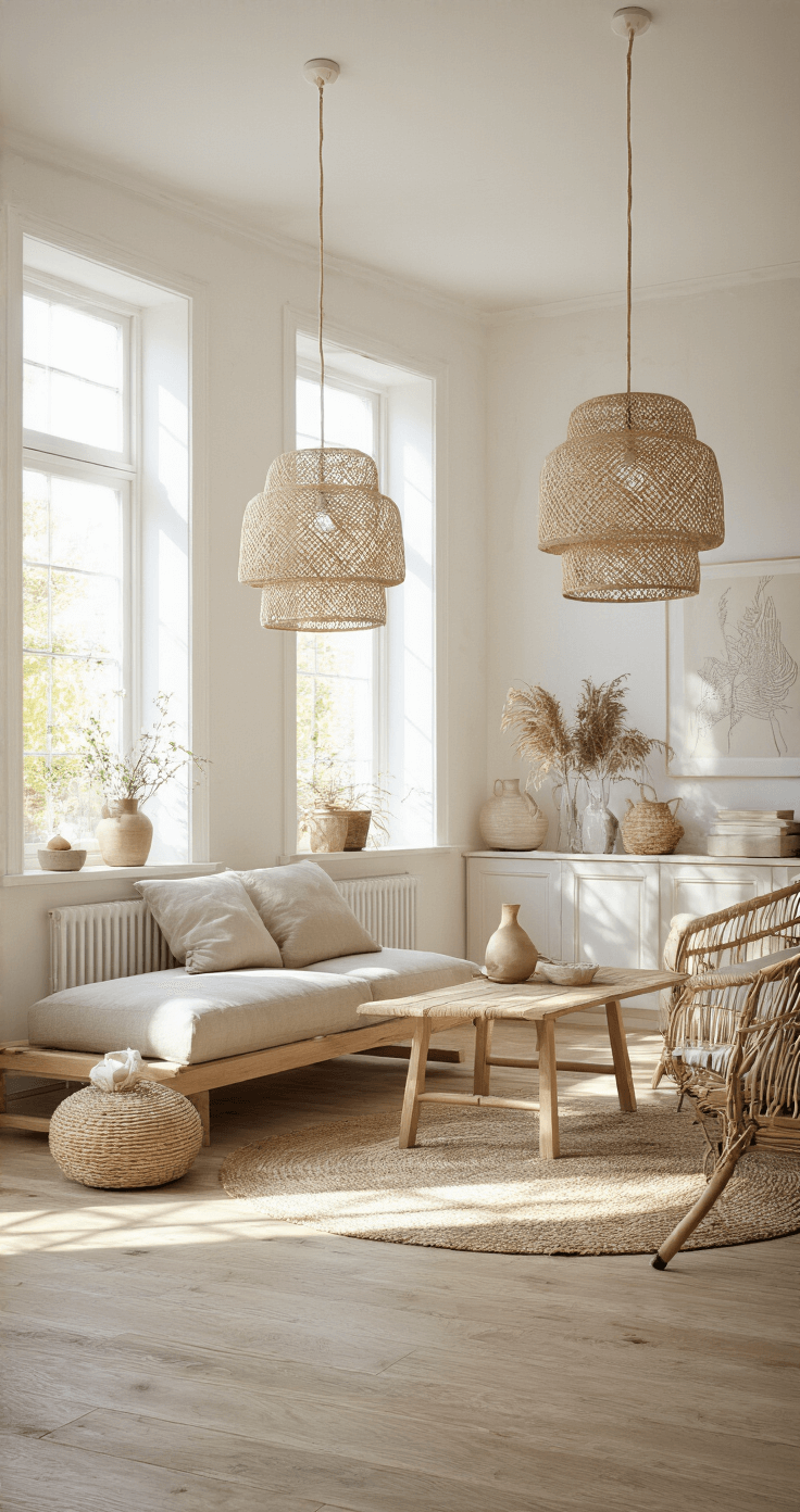 Scandinavische woonkamer in ochtendlicht met lichte eikenhouten visgraatvloer, maatwerk wandmeubel in wit en licht hout, zachte beige linnen bank met ton-sur-ton kussens, aardetinten keramiek op zwevende planken, rieten hanglampen die zachte schaduwen creëren.
