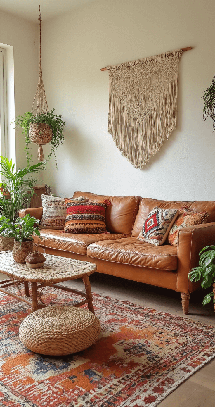 Eclectische bohemian woonkamer tijdens zonsondergang met warmwitte textuurverf muren, vintage leren bank met kleurrijke Kelim kussens, rotan hangstoelen, macramé wanddecoratie en vintage perzische tapijten in warme kleuren.