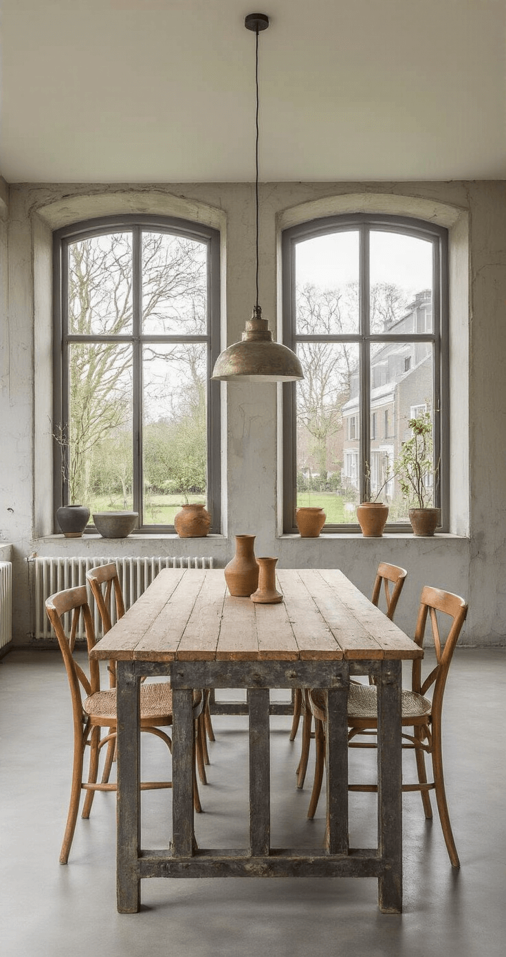 Ruime, lichte woonkamer met industriële betonnen muren en grote raampartijen, waarmiddaglicht zachte schaduwen creëert. Centraal staat een robuuste houten eettafel met zelfgemaakte betonnen kandelaars in verschillende hoogtes en vintage koperen kaarsen voor warmte.