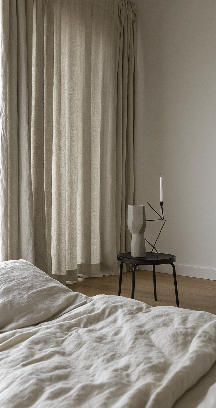 Minimalistische slaapkamer met crèmekleurige muren en eiken vloer, verlicht door warm zonsonderganglicht dat door linnen gordijnen valt. Close-up van een zwevend zwart stalen nachtkastje met een geometrische betonnen kandelaar en een dunne witte kaars, in een serene en moderne sfeer.
