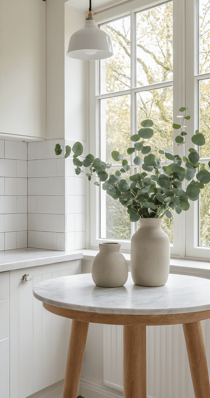 Een Scandinavische eetkeuken met witte tegels en een lichtgrijs werkblad, verlicht door de ochtendzon die door een dakraam valt. Op een rond marmeren bijzettafeltje staan twee betonnen kandelaars met organische vormen, versierd met bladgoud, omringd door verse eucalyptustakken. Vogelperspectief met natuurlijk toplicht, sfeer fris en luchtig.