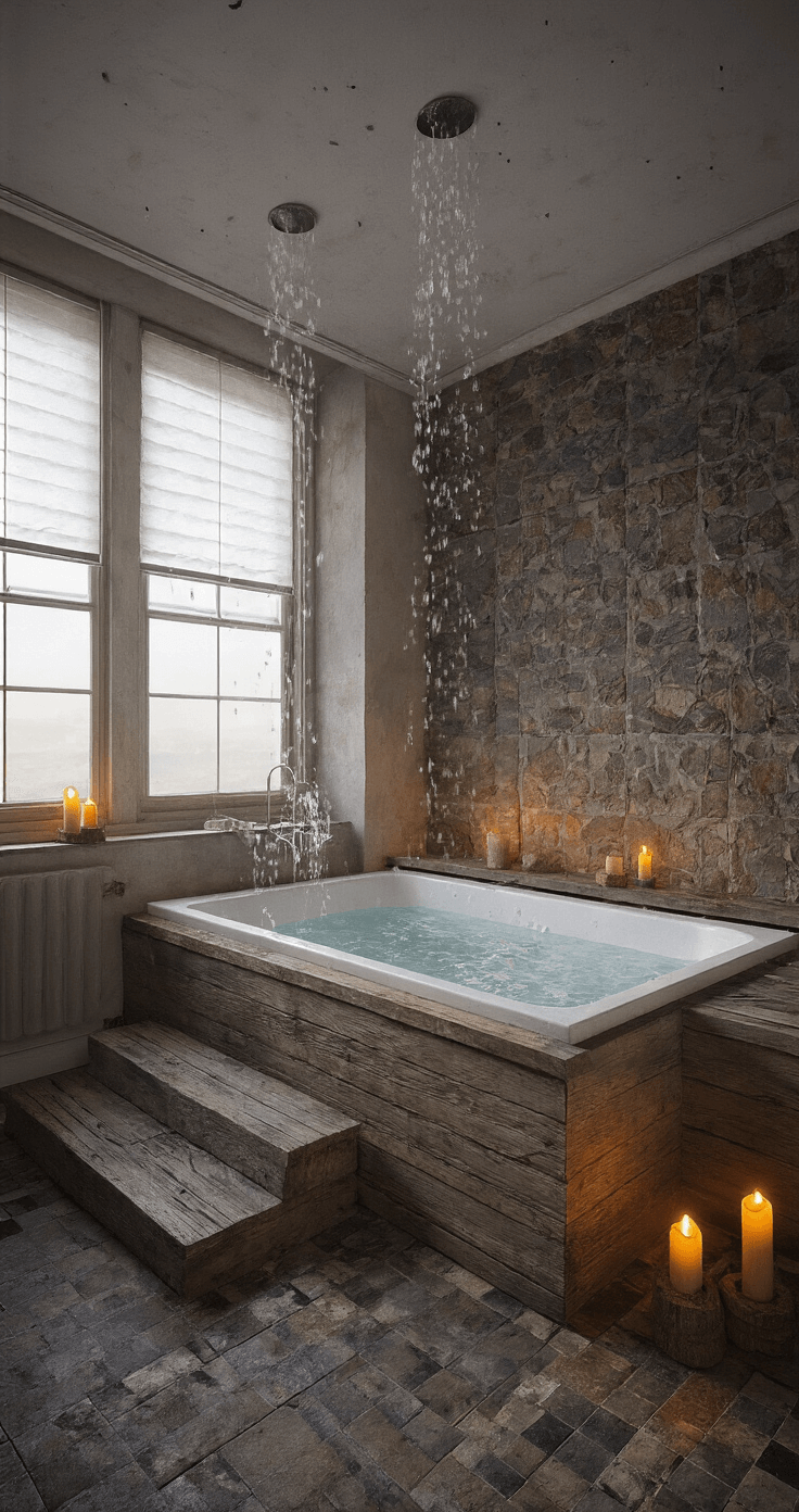 Rustieke badkamer met natuurstenen tegels en een vrijstaand bad, verlicht door kaarslicht in de schemering. Drie betonnen kandelaars op een houten badplank, omringd door eucalyptus en lavendel. Stoomeffect en waterdruppels zijn zichtbaar. Intiem perspectief vanuit het bad, met een ontspannen, spa-achtige sfeer.