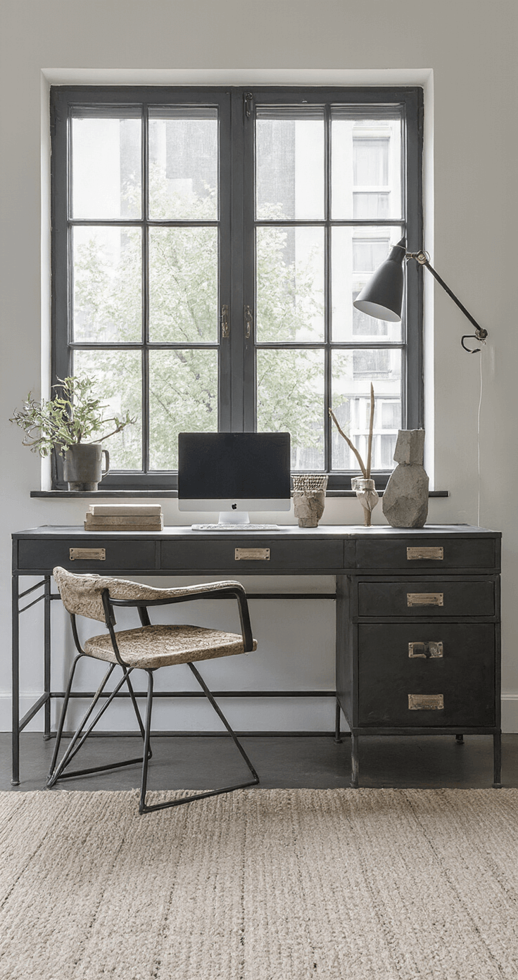 Moderne thuiskantoor met zwarte accentmuur, vintage bureau, industriële ramen en geometrische betonnen kandelaars op een messing dienblad, in contrastrijk licht en minimalistische styling.