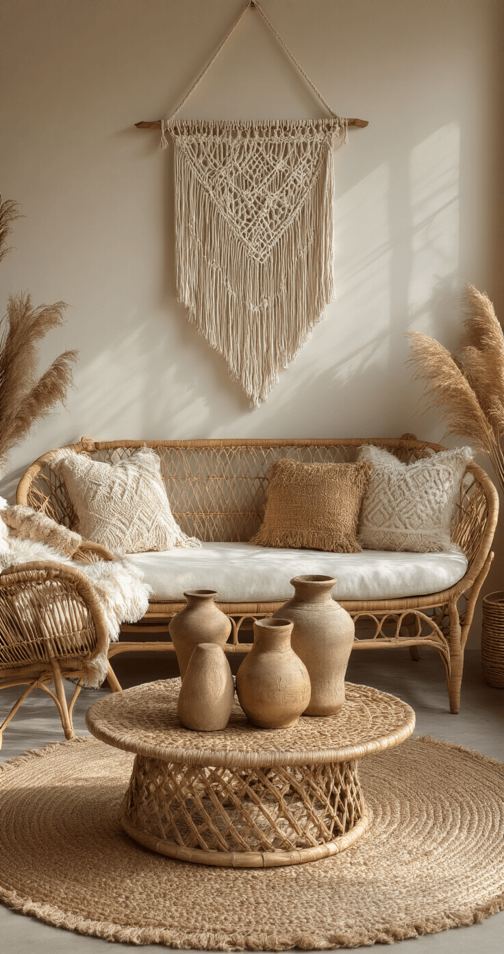 Boho-stijl loungehoek met rotan meubels, macramé wanddecoratie en gouden uurtje verlichting. Een laag salontafeltje met vijf betonnen kandelaars in aardetinten, omringd door gedroogde pampasgrassen. Ooghoogte opname met warm tegenlicht, bohemian luxe sfeer.