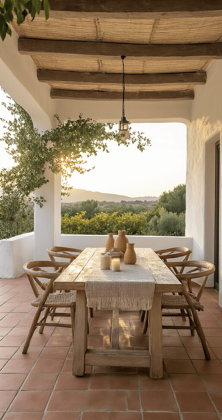 Mediterrane veranda met terracotta tegels en witte muren tijdens schemering. Lange houten tafel met olijftakrunner, vier verweerde betonnen kandelaars met brandende witte kaarsen. Cinematisch breedbeeld in magische uurlichting, sfeervolle al fresco dining setting.