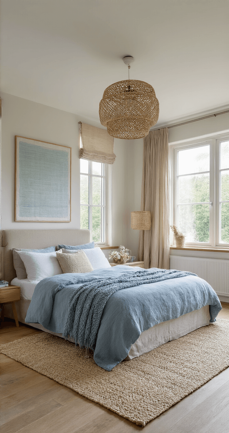 Ruime slaapkamer met ochtendlicht, een kingsize bed met mediterraans blauw dekbedovertrek en witte sprei, omringd door geweven sierkussens en een handgeknoopt kleed, met houten nachtkastjes, hoge ramen met linnen gordijnen.